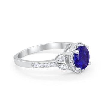 Art Deco Wedding Ring Halo Simulated Blue Sapphire CZ 925 Sterling Silver